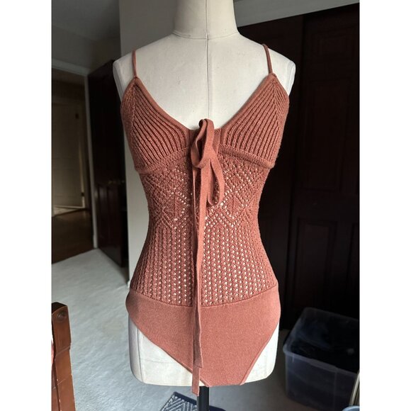 Abercrombie and Fitch Brown Thong Knit Crochet Halter Strappy Bodysuit Size Smal - Picture 1 of 4